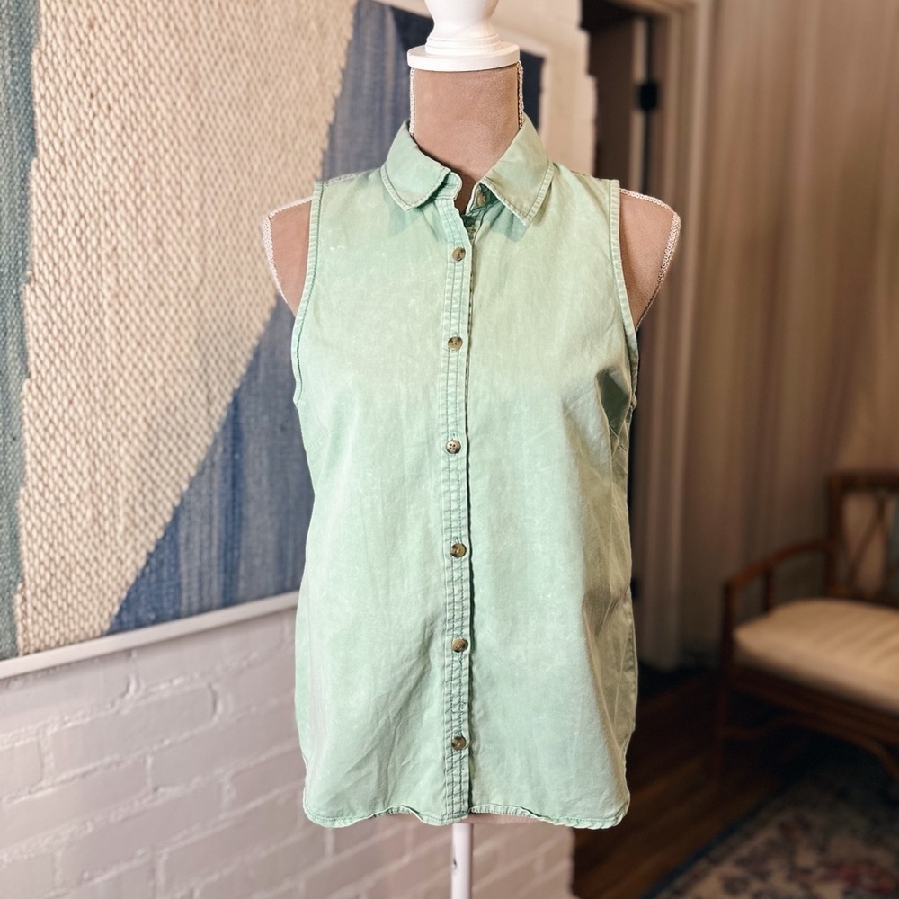 BDG Cotton Blend Soft Green Button Down Tank Top